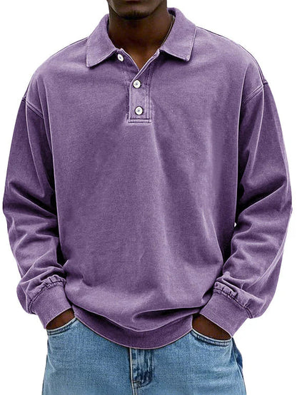 Men's Retro Long Sleeve Polo Shirt | Loose Fit