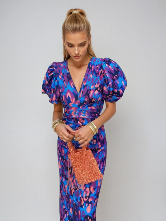 Party Puff Sleeve Printed Dress | V-Neck
