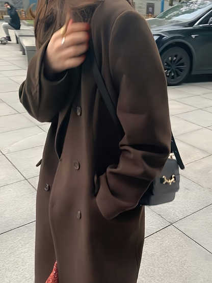 Brown Vintage Long Coat with Lapel Collar