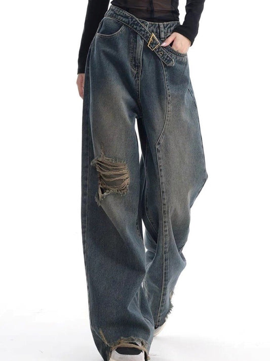 Vintage gewassen baggy boyfriend jeans met gesp en geribbelde details