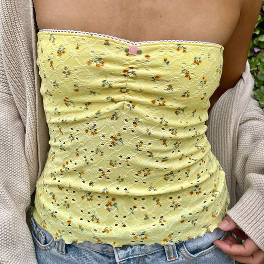 Haut bandeau à volants et découpes en dentelle jaune