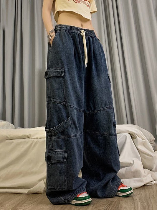 Blue Punk Baggy Cargo Jeans with Washed Effect