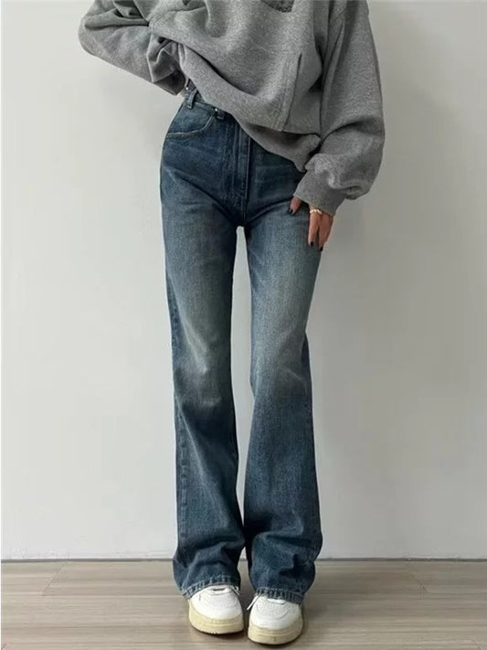 JY Blauwe vintage veelzijdige slim flare jeans met hoge taille