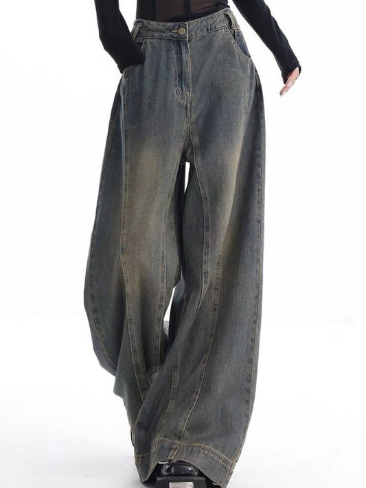 Vintage vervaagde wijde boyfriend jeans met geborduurde strepen 