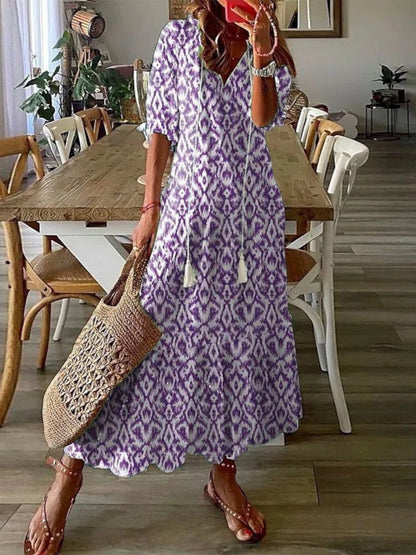 Women's Bohemian V-Neck Flowy Summer Dress | Maxi