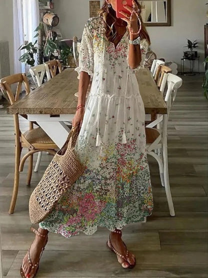 Women's Bohemian V-Neck Flowy Summer Dress | Maxi