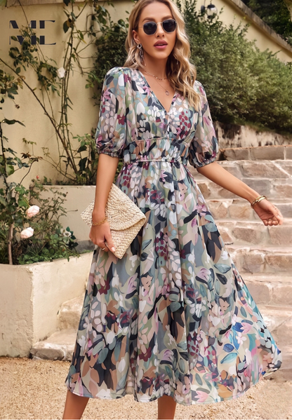 Women’s Floral V-Neck Midi Dress | with Short Puff Sleeve