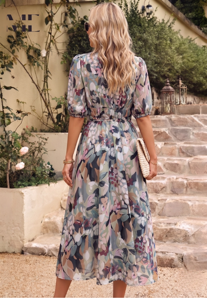 Women’s Floral V-Neck Midi Dress | with Short Puff Sleeve