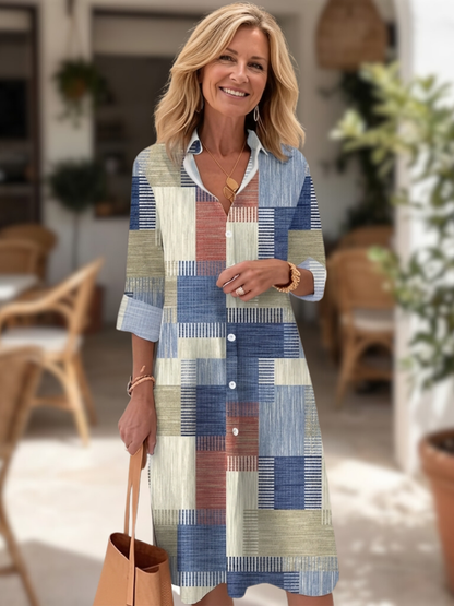 Women's Patchwork Geometric Print Shirt Dress | Midi