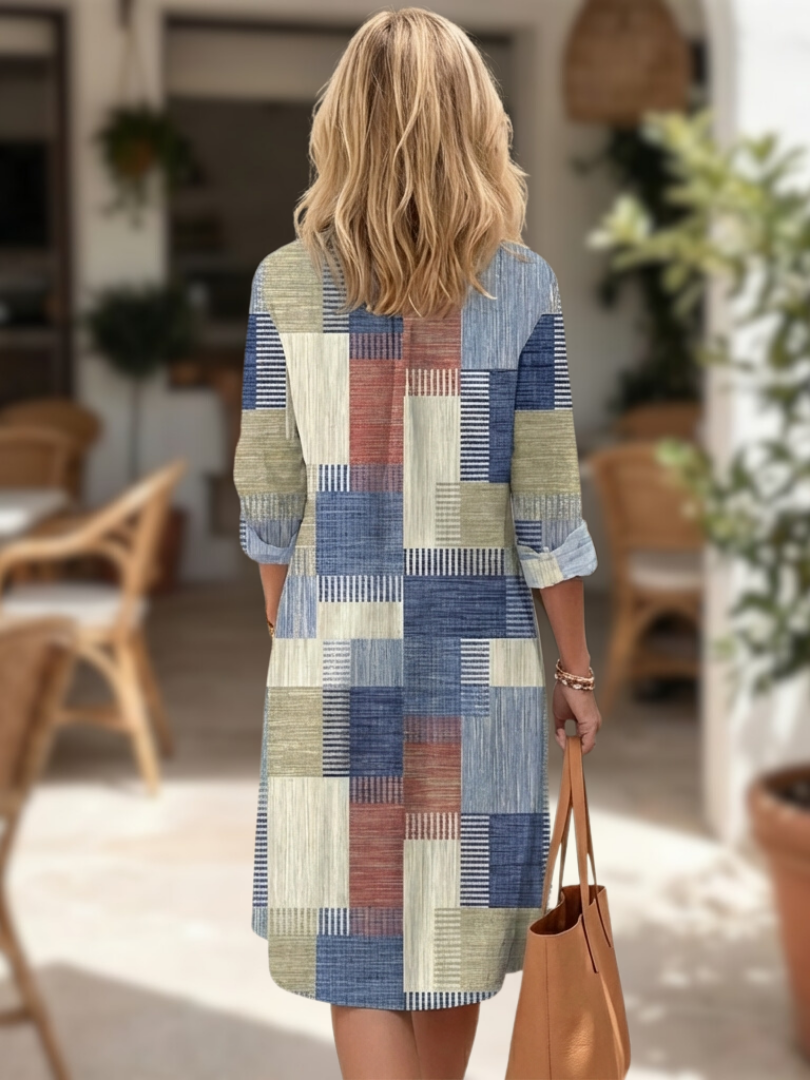 Women's Patchwork Geometric Print Shirt Dress | Midi