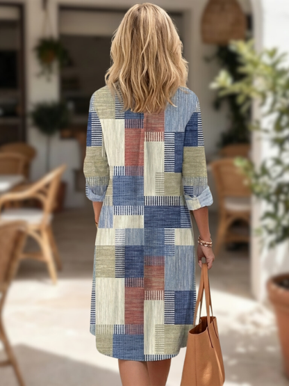 Women's Patchwork Geometric Print Shirt Dress | Midi