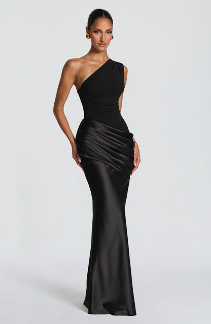 Women's One Shoulder Maxi Wedding Guest Dress | Black