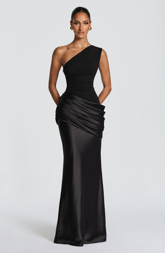 Women's One Shoulder Maxi Wedding Guest Dress | Black
