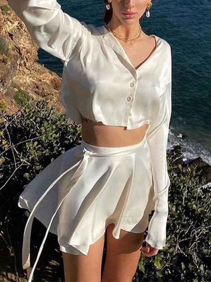 White Vintage Satin Lace Up Mini Skirt
