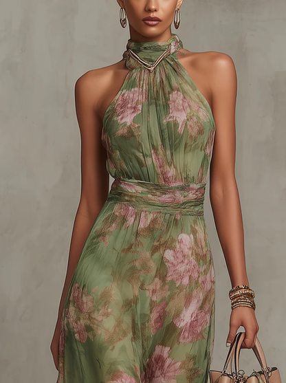 Women's Halter Neck Floral Print A-Line Dress | Maxi