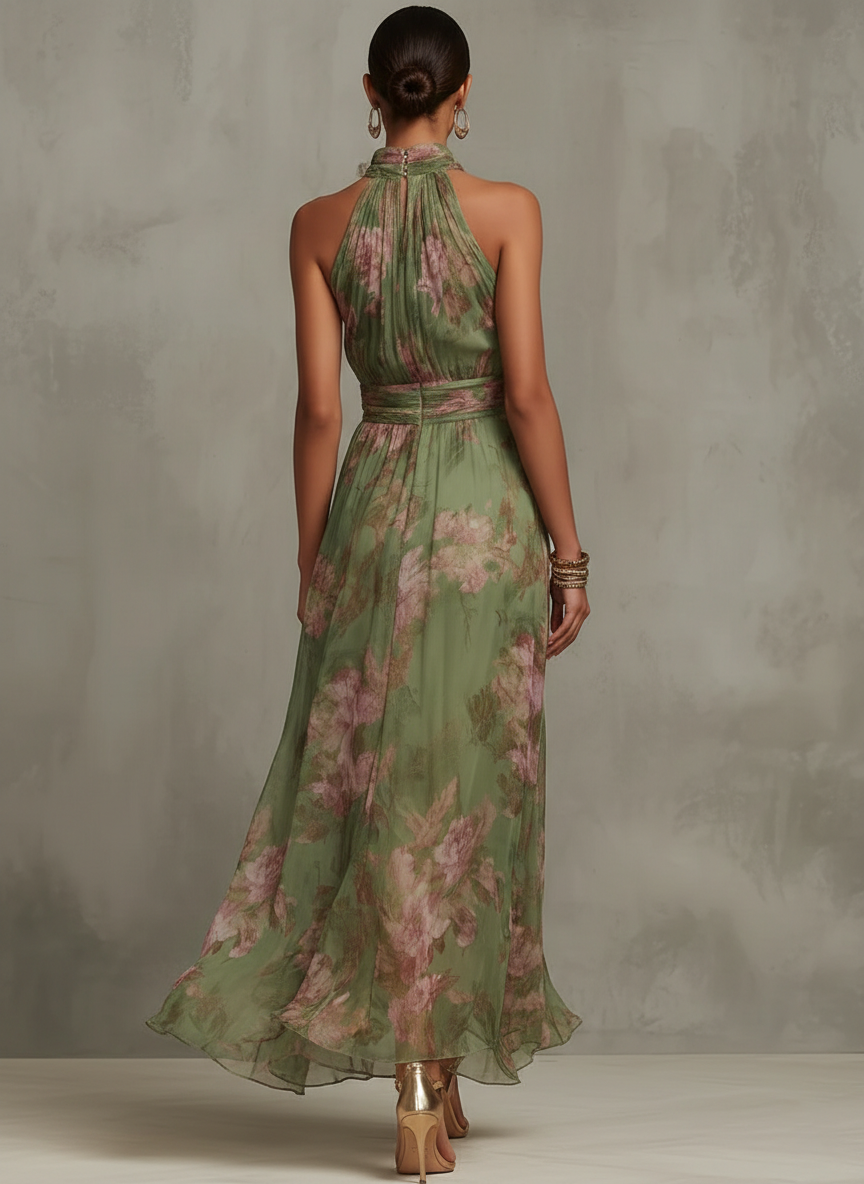 Women's Halter Neck Floral Print A-Line Dress | Maxi