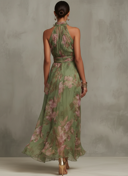 Women's Halter Neck Floral Print A-Line Dress | Maxi