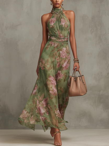Women's Halter Neck Floral Print A-Line Dress | Maxi