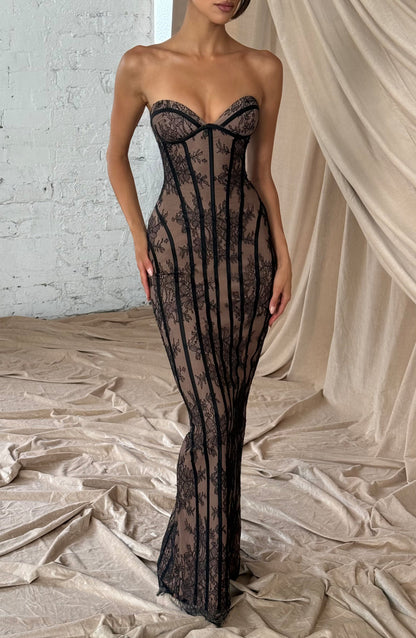 Women's Floral Black Maxi Dress | Strapless