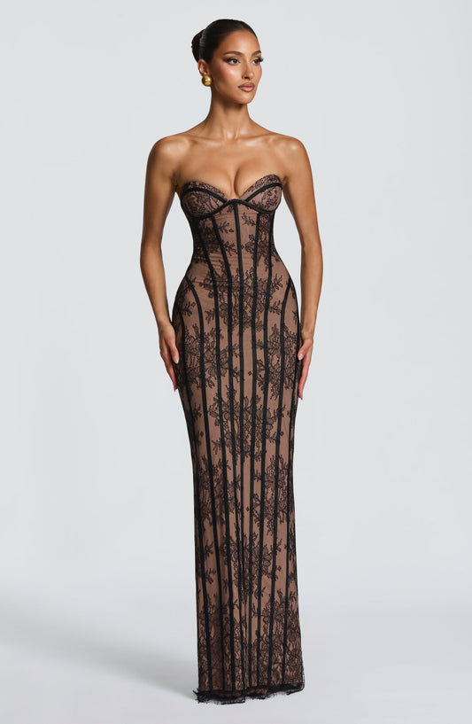 Women's Floral Black Maxi Dress | Strapless
