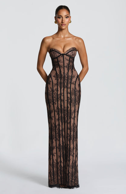 Women's Floral Black Maxi Dress | Strapless