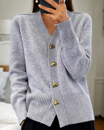 Women’s V-Neck Knitted Cardigan | with Heart Buttons