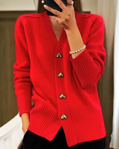 Women’s V-Neck Knitted Cardigan | with Heart Buttons