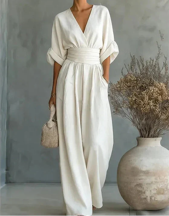 Women's Summer V-Neck Wide-Leg Jumpsuit | with Pockets