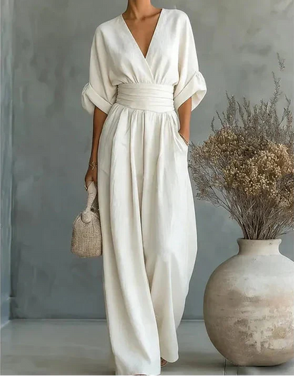 Women's Summer V-Neck Wide-Leg Jumpsuit | with Pockets
