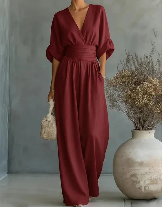 Women's Summer V-Neck Wide-Leg Jumpsuit | with Pockets