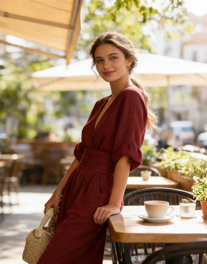 Women's Summer V-Neck Wide-Leg Jumpsuit | with Pockets