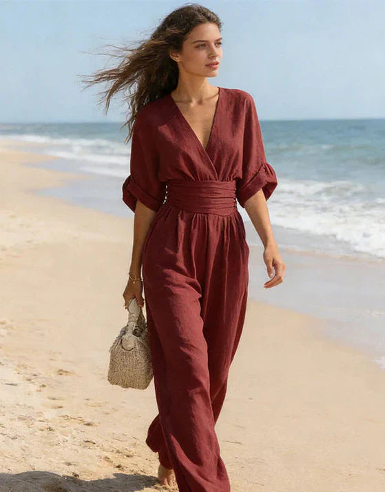 Women's Summer V-Neck Wide-Leg Jumpsuit | with Pockets