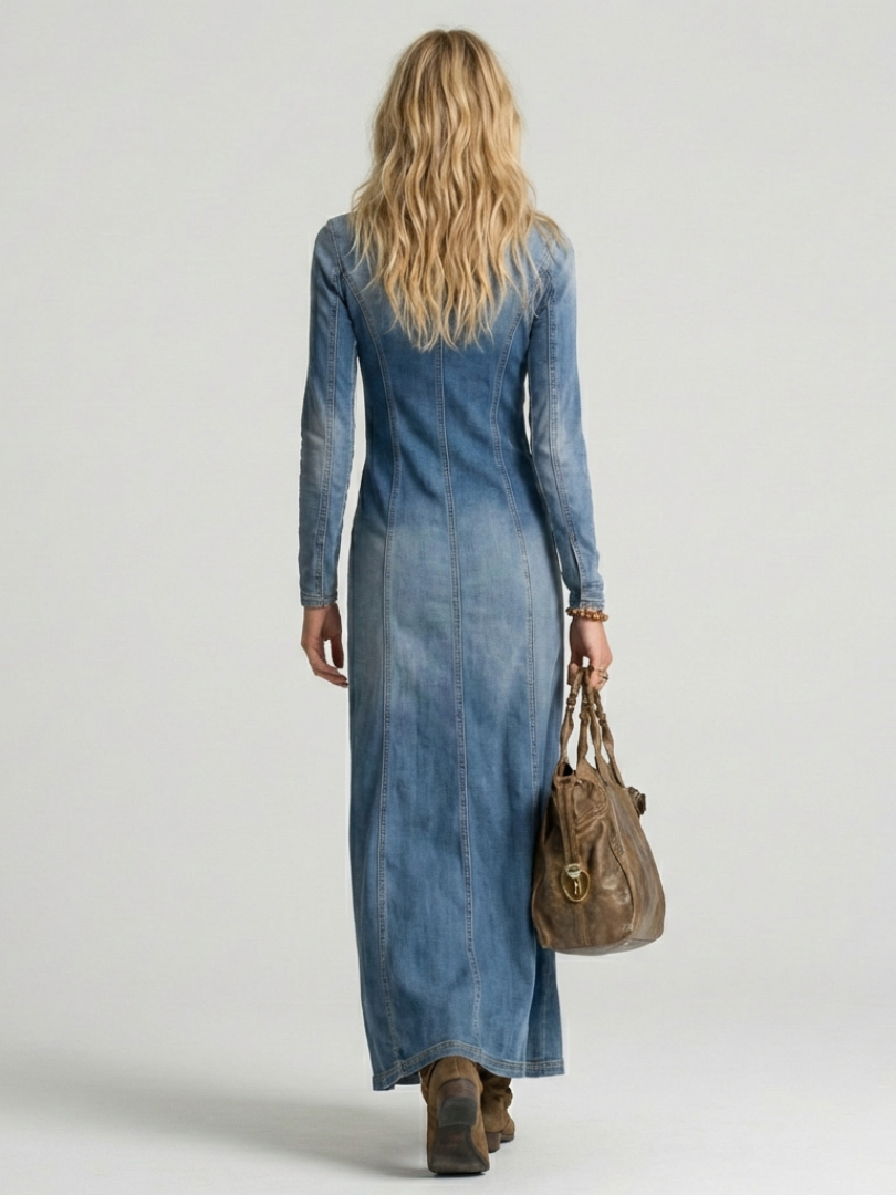 Women's Boho V-Neck Maxi Dress | with Asymmetrical Button Front