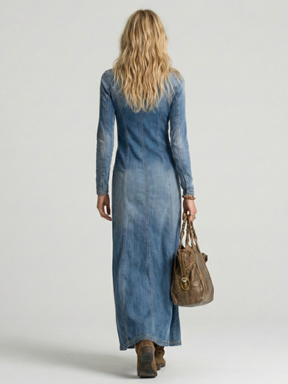 Women's Boho V-Neck Maxi Dress | with Asymmetrical Button Front