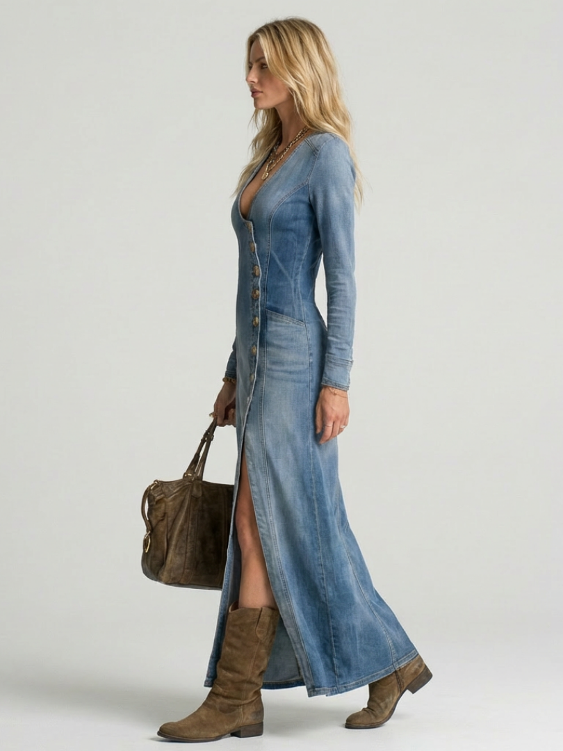 Women's Boho V-Neck Maxi Dress | with Asymmetrical Button Front