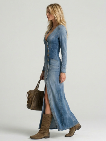 Women's Boho V-Neck Maxi Dress | with Asymmetrical Button Front