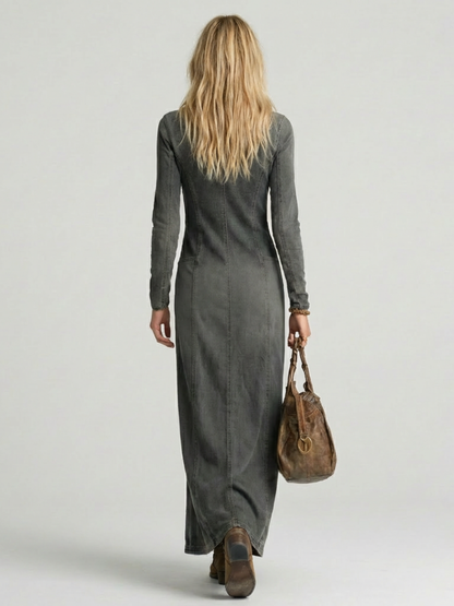 Women's Boho V-Neck Maxi Dress | with Asymmetrical Button Front