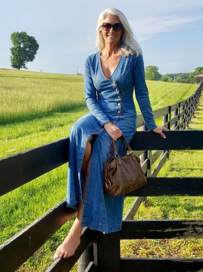 Women's Boho V-Neck Maxi Dress | with Asymmetrical Button Front