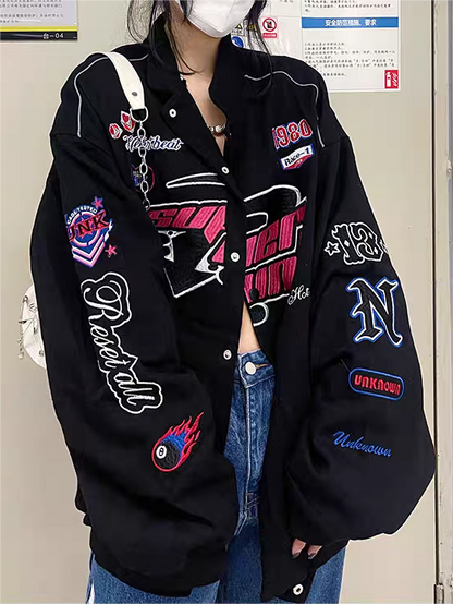 Black Vintage Motorcycle Bomber Jacket with Embroidery