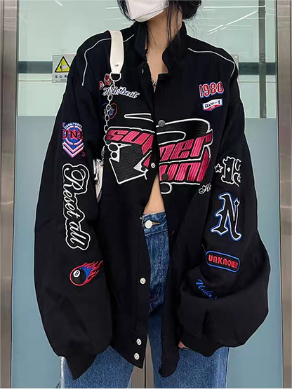 Black Vintage Motorcycle Bomber Jacket with Embroidery