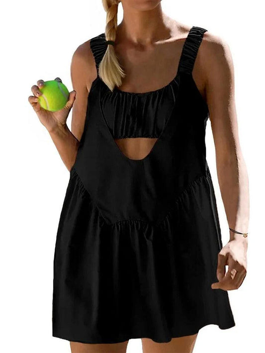 Black Sweet Tennis Workout Mini Dress Built In Bra and Shorts