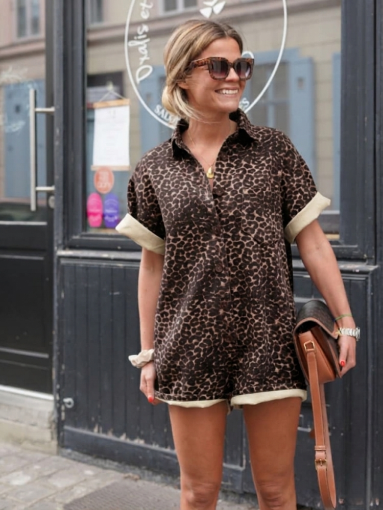 Women’s Animal Print Button-Down Romper | Short Sleeve
