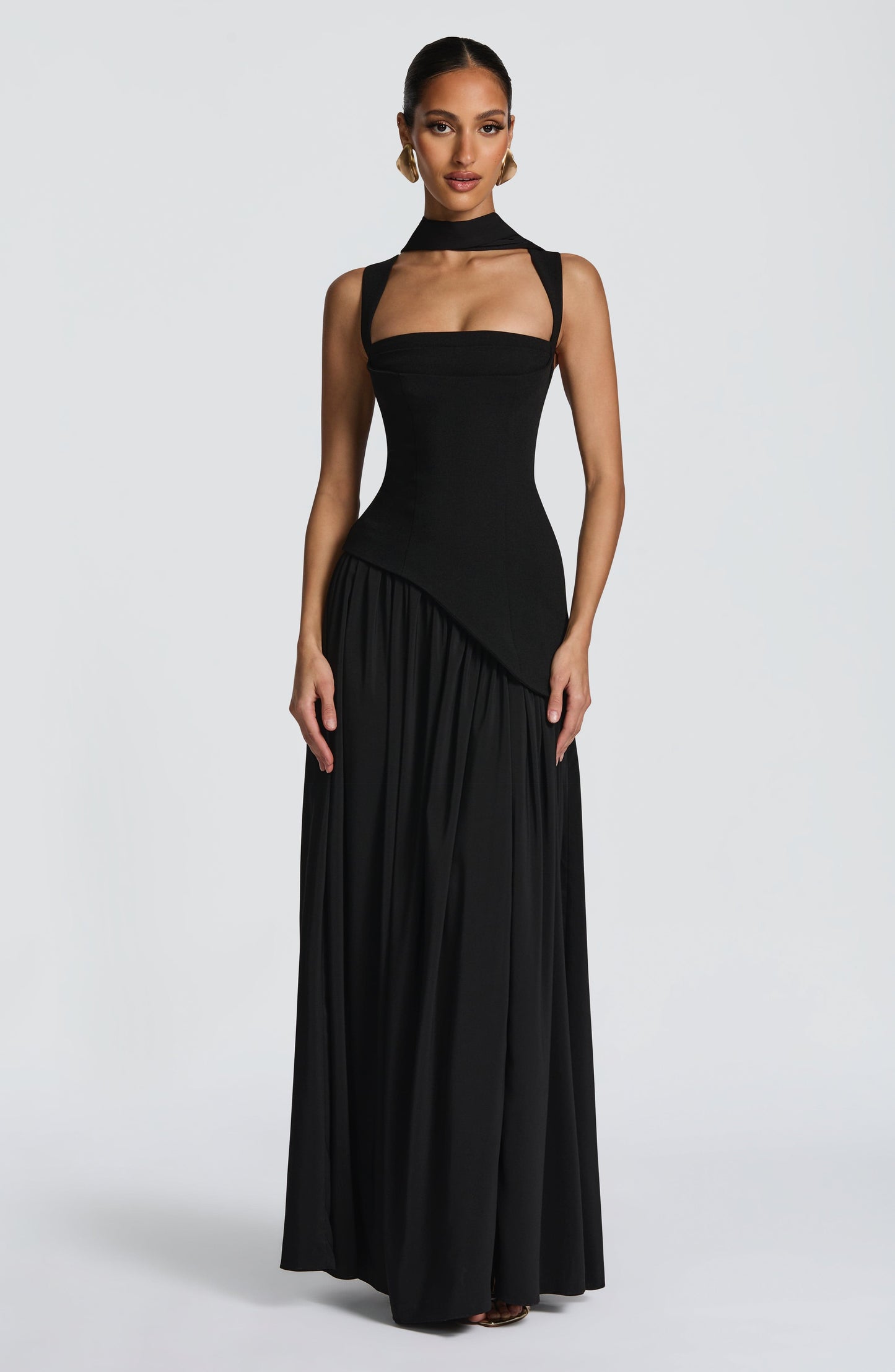 Women's Black Asymmetrical Maxi Dress | with Scarf Detail