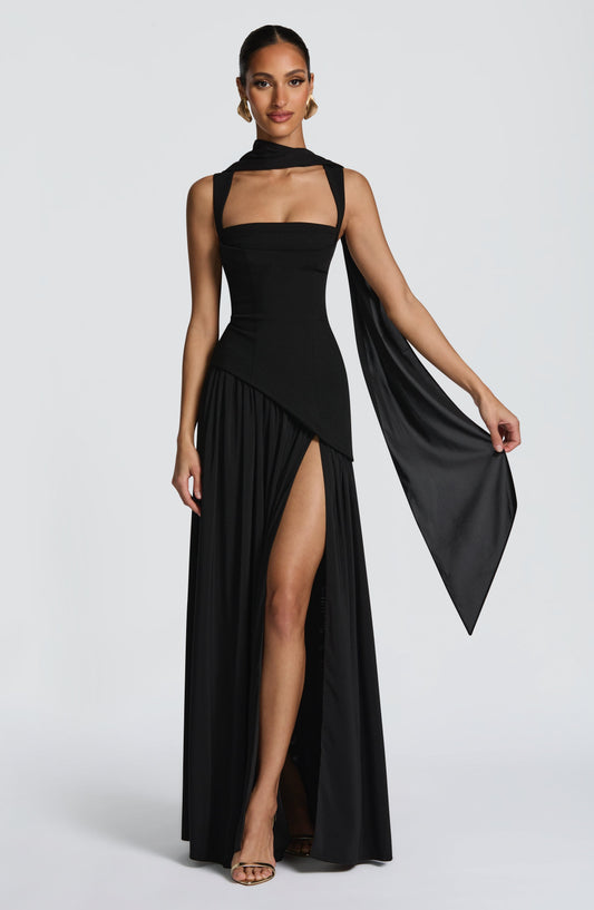 Women's Black Asymmetrical Maxi Dress | with Scarf Detail