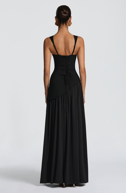 Women's Black Asymmetrical Maxi Dress | with Scarf Detail