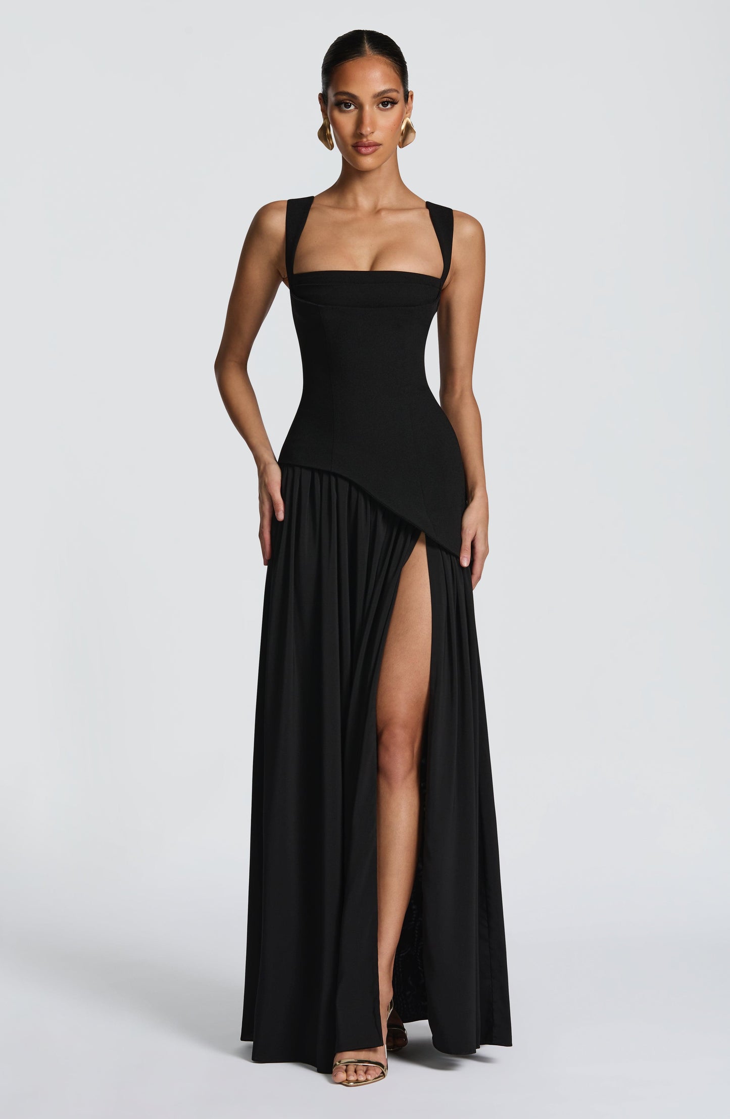 Women's Black Asymmetrical Maxi Dress | with Scarf Detail
