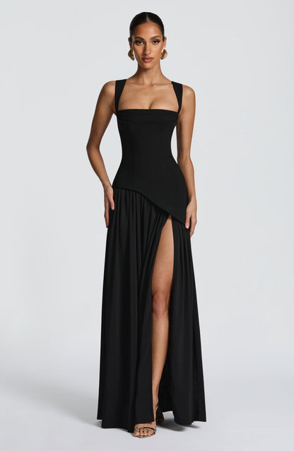Women's Black Asymmetrical Maxi Dress | with Scarf Detail