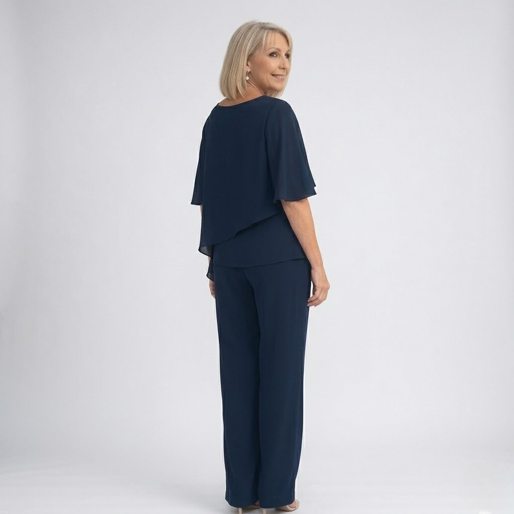 Women’s Formal Layered Blouse and Wide-Leg Pants Set | Two-Piece