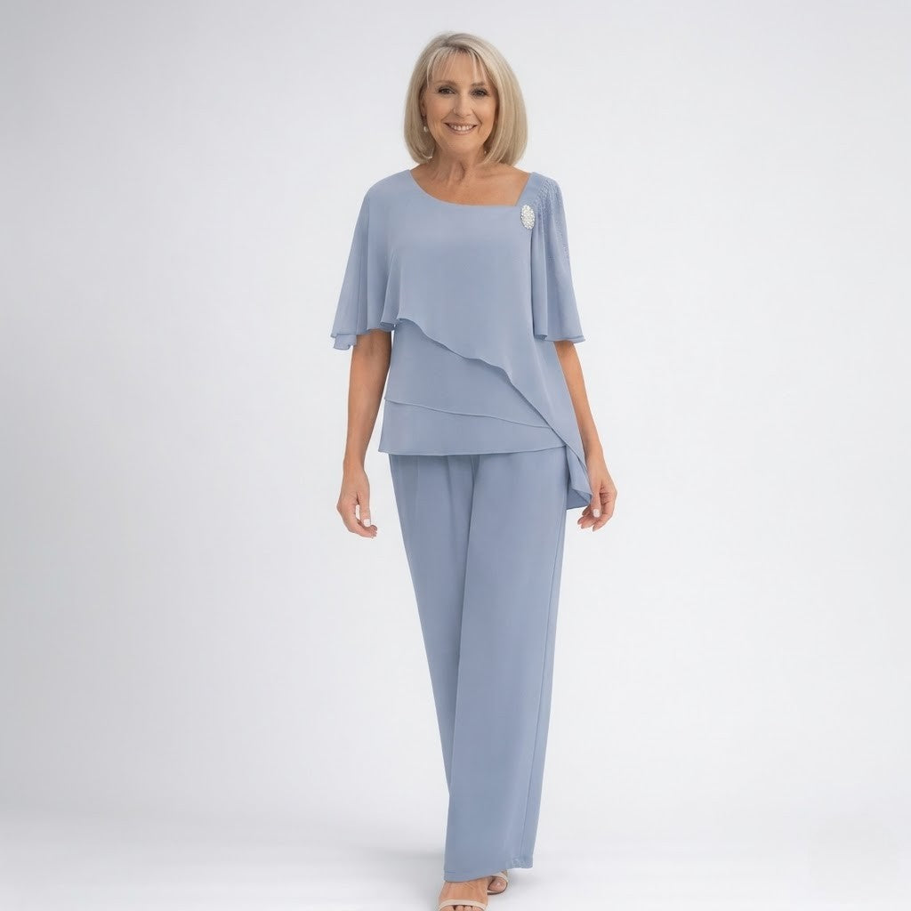 Women’s Formal Layered Blouse and Wide-Leg Pants Set | Two-Piece