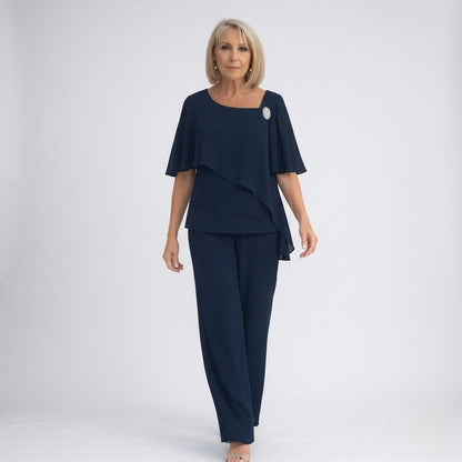 Women’s Formal Layered Blouse and Wide-Leg Pants Set | Two-Piece